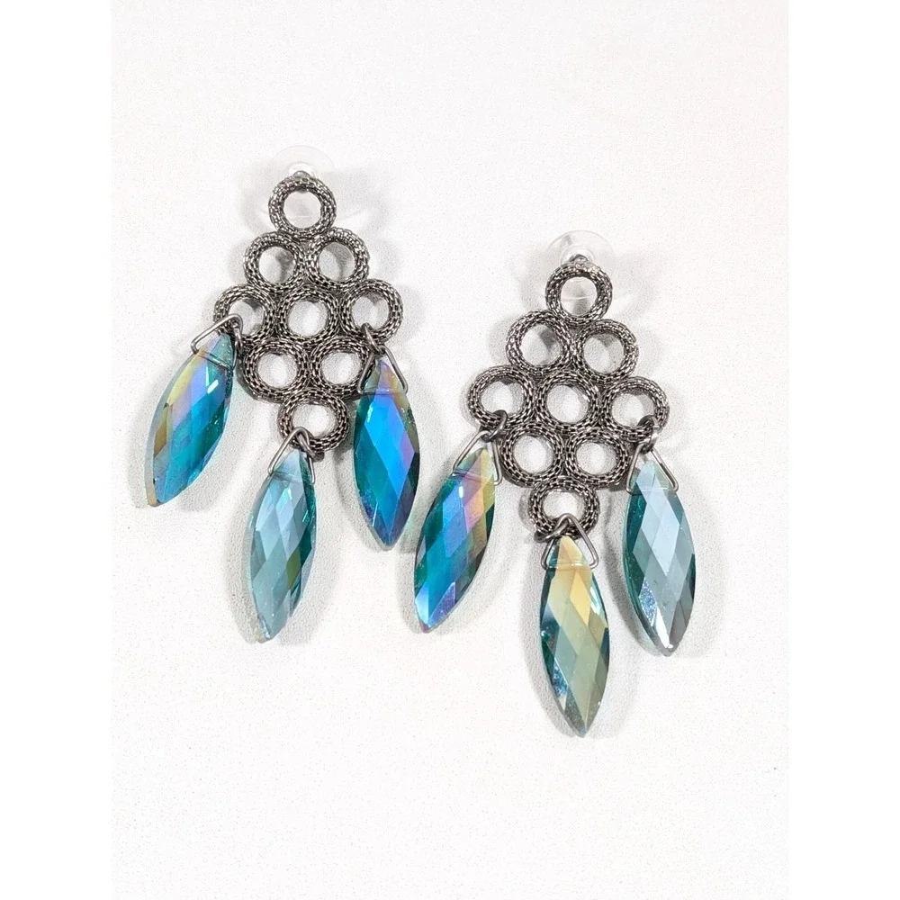Gunmetal Mesh Chain Chandelier Earrings Green AB Crystal‎ Dangle
